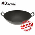 Wok semi-assaisonné en fonte, noir, poignées en boucle large de 14 pouces avec base plate